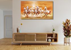 7 Running Horses Ready To Hang Canvas, Seven Running White Horse Animals Canvas Print, Horse Wall Art, Colorful Print Ca