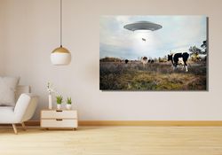 ufo and cows ready to hang canvas, 70's vintage art,photography print canvas,retro cosmic art,ufo wall art,spooky decor,