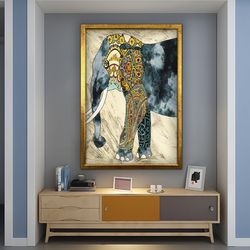 elephant canvas, animal canvas print, vintage look blue elephant painting, framed elephant wall decor.jpg