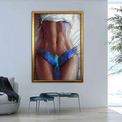 erotic woman canvas, nude woman art, bird and sexy woman home decor, nude wall art, nude art, female body canvas paintin