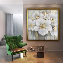 floral canvas, white flowers painting, white and gold color floral wall art, floral framed canvas print.jpg
