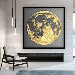 full moon canvas painting, abstract moon framed painting, golden moon canvas print, moon home decor, moon wall art 1.jpg