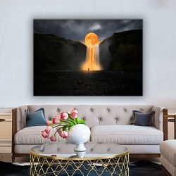 full moon waterfall canvas, surreal landscape painting, flowing moon canvas print, surreal full moon home decor.jpg