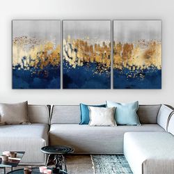 gold and blue abstract canvas, framed canvas painting, 3-piece abstract set, gold abstract canvas print.jpg
