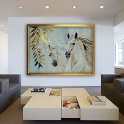 Gold detailed white horse painting, White Horses Canvas , Stallion Art , Horse Wall Art , Animal Art , Nature Canvas  ,