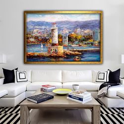 lighthouse canvas, oil painting looking seascape painting, abstract sea and boat print, landscape and buildings painting