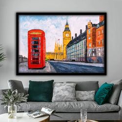 london city wall print, cityscape wall mural,  red telephone booth art, traditional british red telephone box ,london, c
