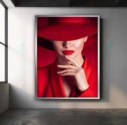 red hat canvas painting, woman in red dress wall art, red lipstick woman wall poster.jpg