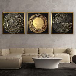 rotating rings abstract canvas painting,3 piece square painting set, golden rings abstract canvas print, modern abstract