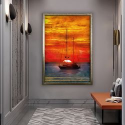 sunset ship scenery canvas, sailboat canvas print, sunset seascape canvas painting, red sun painting, boat in the sea ho