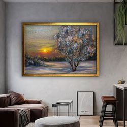 tree landscape canvas, sunset canvas painting, nature canvas painting, landscape framed wall decor