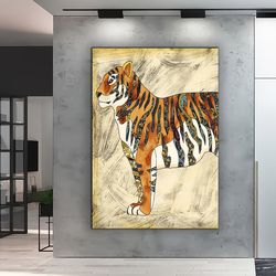vintage tiger painting canvas set, tiger canvas print,interior design, tiger print, tiger art room decoration, tiger pai