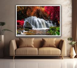 waterfall landscape canvas, waterfall wall art, landscape wall decor, forest flowing waterfall art
