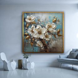 white floral canvas art, white floral detail art, background blue floral pattern art