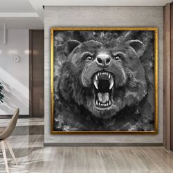 wild bear canvas, black and white bear portrait, bear head painting, bear canvas print, bear decor with frame, bear wall