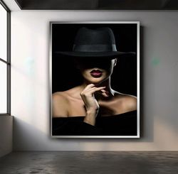 woman in black hat canvas, woman in black hat poster, woman in black hat wall art, woman wall decor
