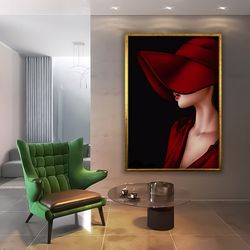 woman in red hat portrait canvas, woman painting, red woman wall art, woman home decor, woman in hat canvas print 1