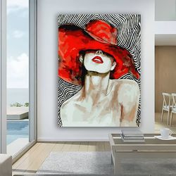 woman in red hat portrait canvas, woman painting, red woman wall art, woman home decor, woman in hat canvas print