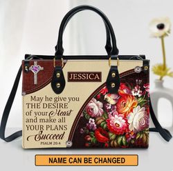 Personalized Flower May He Make All Your Plans Succeed Leather Bag, Women Leather Bag, Gift For Her