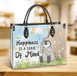 Penguin Happiness Is A State Of Mind Leather Bag, Gift For Lovers, Leather Hand Bag, Women Leather Bag, Gift For Her