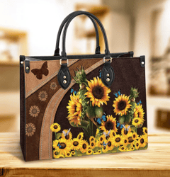 Butterfly Sunflowers Leather Handbag, Women Leather Handbag, Gift For Her, Mother's Day Gifts