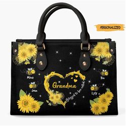 Love Grandma Bee Personalized Leather Bag, Gift For Grandma, Custom Grandkids Leather Bag