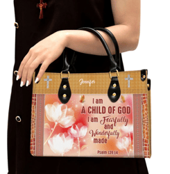i am a child of god leather bag, custom name flower leather handbag, christian gifts for women