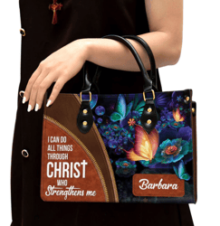 I Can Do All Things Through Christ Leather Bag, Custom Name Butterfly Leather Handbag, Christian Gifts For Women