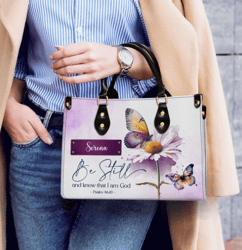 be still and know that i am god personalized leather bag with handle for christian women