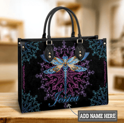 Personalized Hippie Purple Dragonfly Leather Bag, Women's Pu Leather Bag, Best Mother's Day Gifts