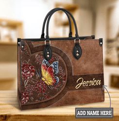 Custom Name Butterfly Flower Leather Bag, Women's Pu Leather Bag, Best Mother's Day Gifts