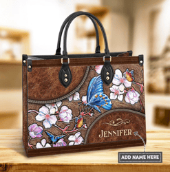 Personalized Butterfly Apricot Leather Bag, Women's Pu Leather Bag, Best Mother's Day Gifts