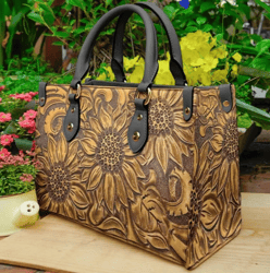 Floral Sunflower Leather Handbag, Women Leather Handbag, Gift for Her, Custom Leather Bag