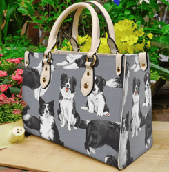 Border Collie Cute Dog Grey Leather Handbag, Women Leather Handbag, Gift for Her, Custom Leather Bag
