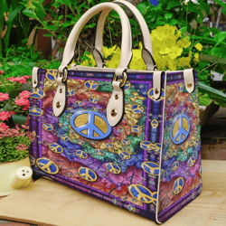 Peace Symbol Colorful Leather Handbag, Women Leather Handbag, Gift for Her, Custom Leather Bag