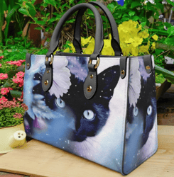 Black Cat Snowflake Leather Handbag, Women Leather Handbag, Gift for Her, Custom Leather Bag