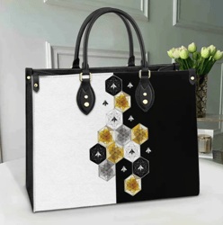 Bee Black And White Leather Handbag, Women Leather Handbag, Gift for Her, Custom Leather Bag