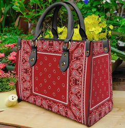 Red Bandana Leather Handbag, Women Leather Handbag, Gift for Her, Custom Leather Bag