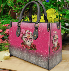 Skull In Love Sparkle Pink Leather Handbag, Women Leather Handbag, Gift for Her, Custom Leather Bag