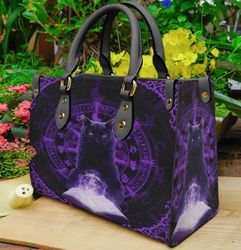 Purple Wiccan Black Cat Leather Handbag, Women Leather Handbag, Gift for Her, Custom Leather Bag