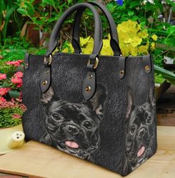 French Bulldog Black Leather Handbag, Women Leather Handbag, Gift for Her, Custom Leather Bag