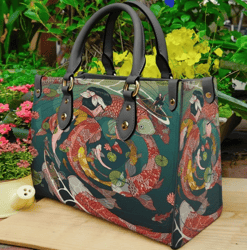 Koi Fish Japanese Purse Leather Handbag, Women Leather Handbag, Gift for Her, Custom Leather Bag