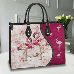 Twinkle Flamingo Couple Pink Leather Handbag, Women Leather Handbag, Gift for Her, Custom Leather Bag