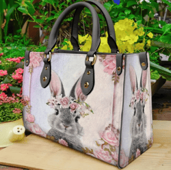 Cute Bunny Rabbit Floral Leather Handbag, Women Leather Handbag, Gift for Her, Custom Leather Bag