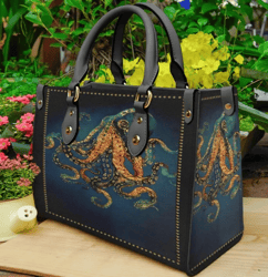 Octopus Dark Ocean Purse Leather Handbag, Women Leather Handbag, Gift for Her, Custom Leather Bag