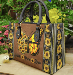 Faith With Sunflower Butterfly Purse Leather Handbag, Women Leather Handbag, Gift for Her, Custom Leather Bag
