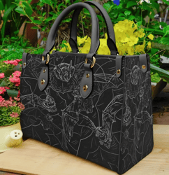 Bat Attack Black Purse Leather Handbag, Women Leather Handbag, Gift for Her, Custom Leather Bag