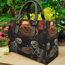 Pumpkin Skull Jack O Lattern Leather Handbag, Women Leather Handbag, Gift for Her, Custom Leather Bag