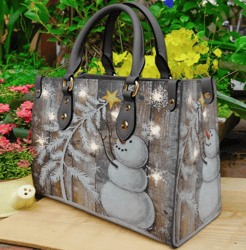 Snowman Merry Christmas Purse Leather Handbag, Women Leather Handbag, Gift for Her, Custom Leather Bag