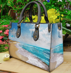 Blue Sea Sky Golden Beach Landscape Purse Leather Handbag, Women Leather Handbag, Gift for Her, Custom Leather Bag